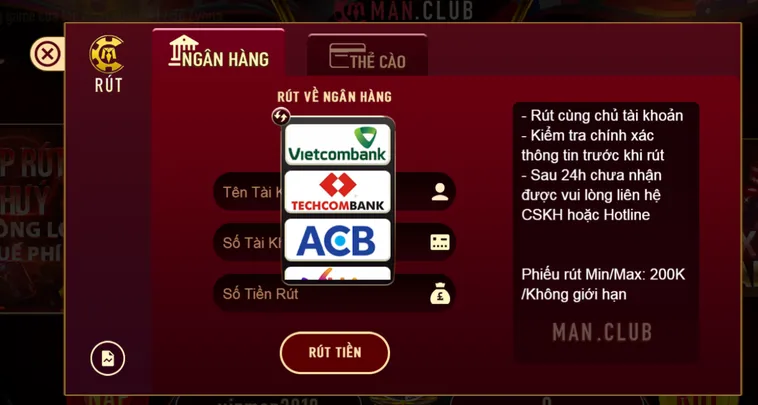 Rút Tiền ManClub Qua Ngân Hàng Siêu Tốc Giúp Người Chơi Nhận Thưởng Trọn Vẹn Trong Vòng Một Nốt Nhạc